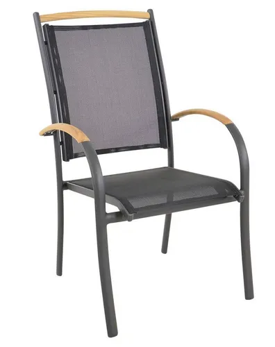 Lesli Living Stapelstuhl MONZA - Komfortabler Diningsessel für Garten und Terrasse - Der stapelbare Diningsessel MONZA in Anthrazit bietet hohen Sitzkomfort und edle Teak-Armlehnen. Ideal für warme Tage, sorgt die atmungsaktive Textilen-Bespannung für Entspannung im Außenbereich. Perfekt für stilvolle Outdoor-Diningbereiche!