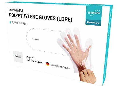 EUROPAPA 200 Stück Vorteilspack LDPE Einweghandschuhe in Box Einmalhandschuhe latexfrei puderfrei Handschuhe in Damen Größe (Damen-200)