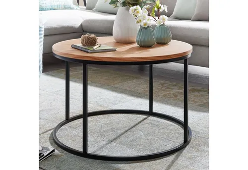 FineBuy Couchtisch 70x70 cm – Moderner Wohnzimmertisch aus Eiche und Metall - Beistelltisch fürs Wohnzimmer, beeindruckendes Design mit runder Tischplatte aus echtem Eichenholzfurnier und stabilem Stahlgestell, ideal für Snacks und Getränke.