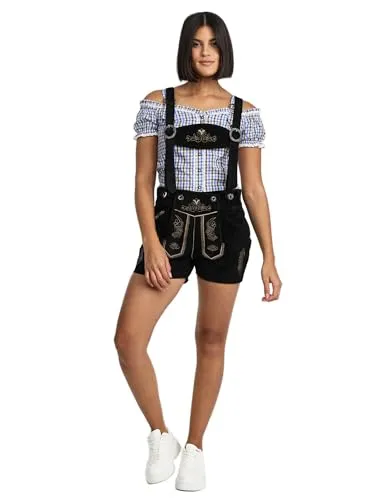 Steigenhöfer Damen Lederhose Marina - Trachten Shorts aus Rindsleder - Schwarz - Größe 42 - Entdecken Sie die Steigenhöfer Damen Lederhose Marina: Klassische Trachten Shorts aus hochwertigem Rindsleder mit authentischen Stickereien. Verstellbare Träger und praktische Taschen sorgen für optimalen Sitz und Funktionalität bei festlichen Anlässen.