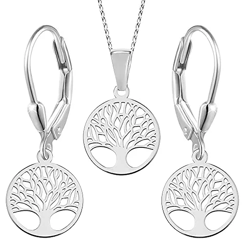 FANTASTIC NAILS COSMETIC COLLECTIONS Frauen Damen Lebensbaum Schmuckset echt 925 Sterling Silber Baum des Lebens Kette Anhänger Ohrringe Ohrhänger (K995+K996 45cm)