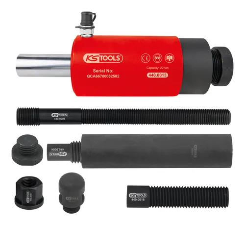 Ein-\/Auspresswerkzeug-Satz KS TOOLS 440.0010 - Werkstattpressen, 10-teiliges Set aus hochwertigem Werkzeugstahl mit einer Druckkraft von 22 t – ideal für professionelle Anwendungen.