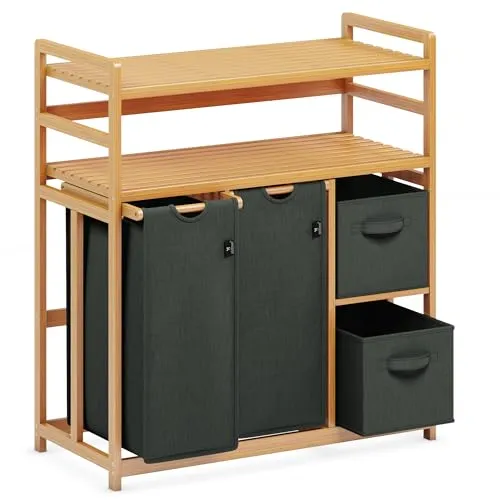 ADEL DREAM Wäschekorb 4 Fächer mit Regal - Wäscheboxen mit 140L Volumen, inklusive 2 waschbaren Wäschesäcken und 2 Stoffboxen, ideal zur sortierten Aufbewahrung von Kleidung und Accessoires.