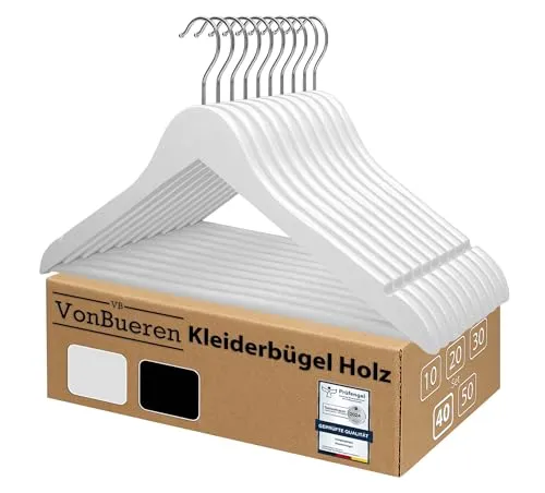 Kleiderbügel Holz weiß VonBueren | 44,5 x 22 cm je Bügel/Holzbügel | Holzkleiderbügel Weiss | 360 Grad drehbar 40 x