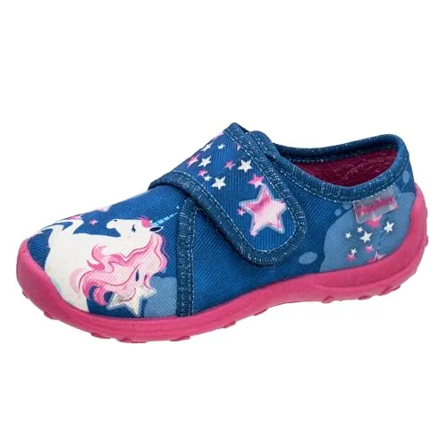 Fischer Markenschuh Mädchen Hausschuh Boogy blau/pink - Hausschuh für Mädchen mit Einhorn-Motiv, leicht und bequem, ideal für Kindergarten und Zuhause. Seitlicher Klettverschluss sorgt für einfaches An- und Ausziehen.