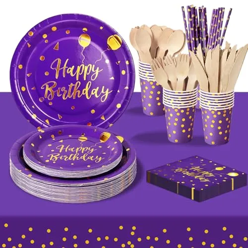 PYAILI Happy Birthday Lila Gold Party Teller Set 24 Gästes