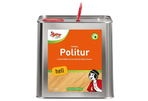 Poliboy Fixneu Möbelpolitur hell - 2,5 Liter für helle Oberflächen - Reinigungsmittel für die intensive Pflege von hellen Möbeln, beseitigt Wasserränder und kleine Kratzer, Made in Germany und umweltfreundlich.