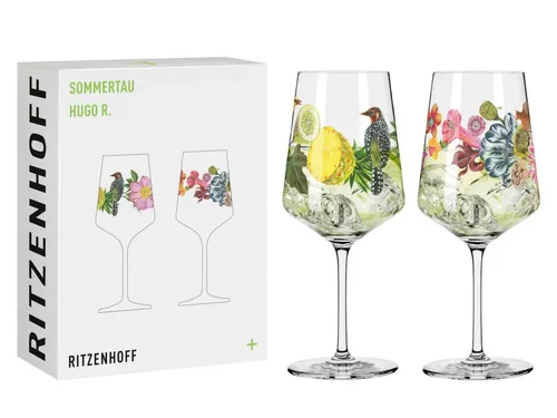 RITZENHOFF Aperitifglas 500 ml - Serie Sommertau mit Vögel- und Blumenmotiv - Longdrinkglas aus Kristall, spülmaschinengeeignet und ideal für Aperol Spritz oder Cocktails, gefertigt in Deutschland mit zeitlos schöner Optik.