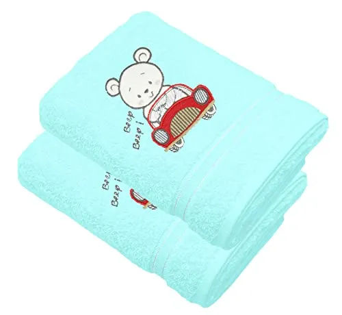 Lashuma Kinder Badehandtuch Set 2 teilig für Jungs, Blaue Babyhandtücher mit Stick: Auto, Duschtücher 50x90 cm