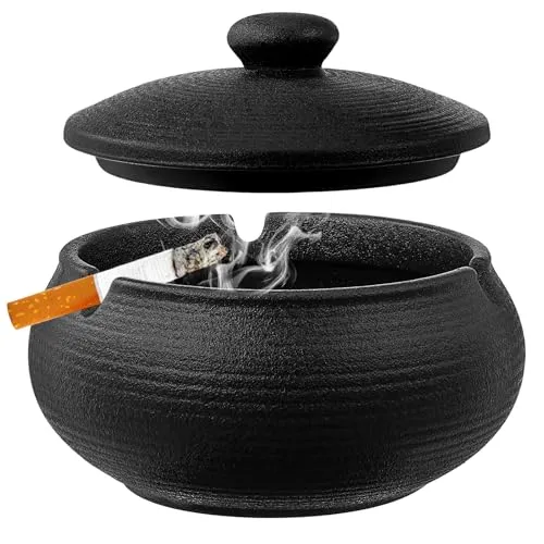 Mexgcom Aschenbecher für Draussen Außenbereich, Winddichter Aschenbecher mit Schwarzer Keramikabdeckung, Ideal für Balkone und Büros, für den Außenbereich