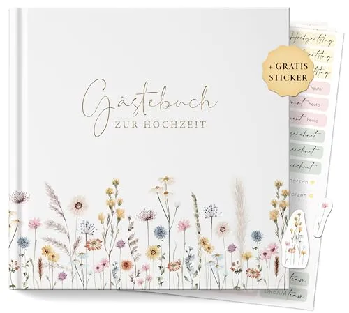 luftundliebe Gästebuch Hochzeit, Hochzeitsbuch, Vintage Hochzeitsgästebuch, Hardcover (Wildflowers/Gold, ohne Fragen)