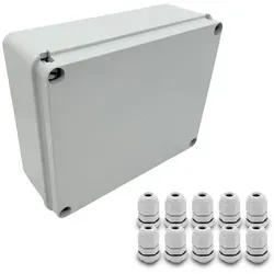 ARLI SET: Abzweigdose IP67 Aufputz 250 x 200 x 90 mm + 10x Kabelverschraubungen M12 x 1,5 mm