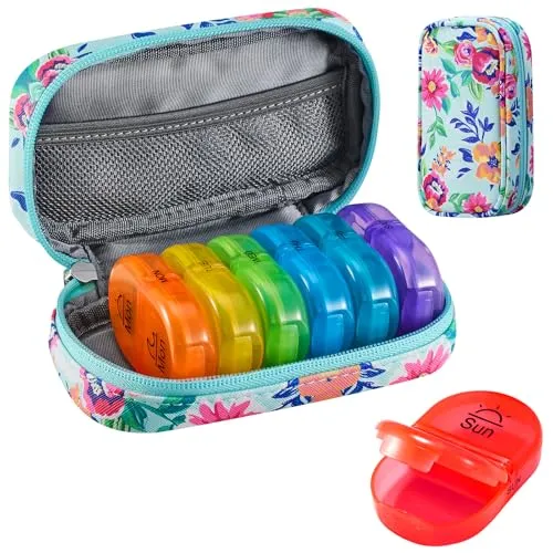 Serfeymi Tablettenbox 7 Tage Morgens Abends Pillendose 7 Tage 2 Fächer Regenbogen Medikamentenbox Tabletten Organizer mit Tragbarem Reißverschluss PU Leder für Medikamente, Fischöle – Grün-01