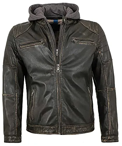 Jack Hanter - Herren Lederjacke Lammnappa Bikerjacke Kapuze schwarz-beige Größe 46