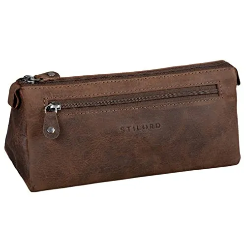 STILORD Alexis Vintage Leder Etui Stiftemappe mit 2 Fächern und Reißverschluss Federtasche Federmäppchen Schlampermäppchen Echtes Leder Farbe:Missouri - braun