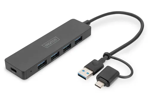 Digitus USB 3.0 Hub 4-Port, Slimline mit USB-C Adapter, 5Gbps, 0,2m Kabel