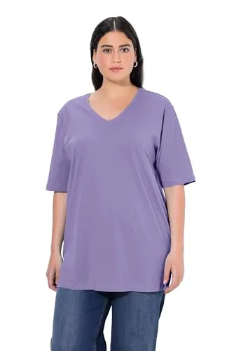 Ulla Popken Damen große Größen Übergrößen Plus Size T-Shirt, Basic, Relaxed Fit, V-Ausschnitt, Halbarm Blauer Flieder 50+ 515283810-50+