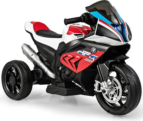 COSTWAY 6V BMW Elektro Motorrad mit Musik und Scheinwerfer, Dreirad Kindermotorrad bis 3km/h, Elektromotorrad mit 2 Stützrädern, geeignet für Kinder ab 3 Jahre alt (Rot)