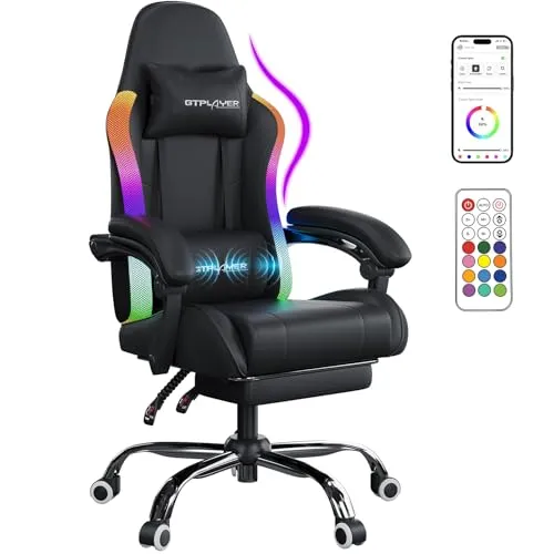 GTPLAYER Gaming Stuhl, Bürostuhl, Gaming Chair mit LED Lichtleiste und Massgefunktion, Gamer Stuhl, Rückenlehne mit Aufbewahrungstasche Ergonomischer PC Stuhl mit Fernbedienung