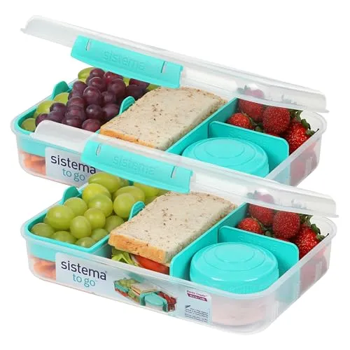 Sistema Bento Box Create Brotdose mit Fächern | 1,48 L Lunchbox mit Joghurt- /Fruchtbehälter | Lunchbox Kinder & Erwachsene | Blaugrün | 2 Stück