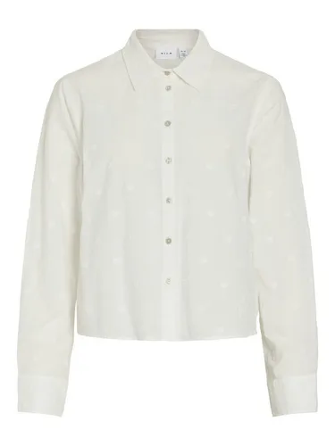 Vila Bluse in Weiß - Größe 36 - Elegante Bluse aus 100% Baumwolle mit Kent-Kragen und Knopfleiste. Lockerer Schnitt und Allover-Muster sorgen für perfekten Tragekomfort und Vielseitigkeit im Alltag.