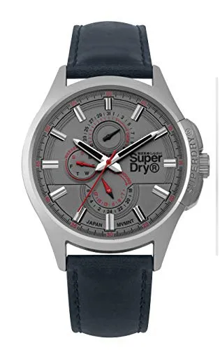 Superdry Quarzuhr Marshal - Armbanduhr mit modernem Design und urbanem Flair, 45 mm Gehäuse, blaues Lederarmband und Kalenderfunktion für Tag und Datum, ideal für den täglichen Gebrauch.