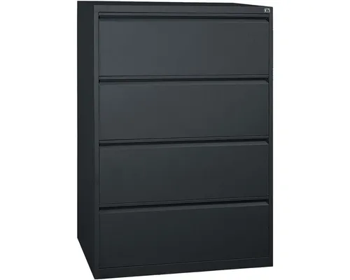 G-Office Hängeregisterschrank FGC/D.4 - 4 Schübe, schwarz - Hängeregisterschrank aus stabiler Stahlkonstruktion, abschließbar mit 4 voll ausziehbaren Schubladen und einer Belastbarkeit von 40 kg pro Schub. Ideal für eine sichere und geordnete Aufbewahrung von A4-Mappen.