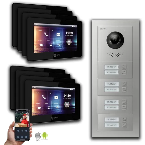 Goliath IP Video Türsprechanlage 7 Zoll Schwarz für 8-Familienhäuser - Erleben Sie höchste Sicherheit mit der Goliath IP Video Türsprechanlage. HD-Kamera, 180° Weitwinkel und Interkom-Funktion sorgen für klare Kommunikation und optimale Besucheridentifikation.