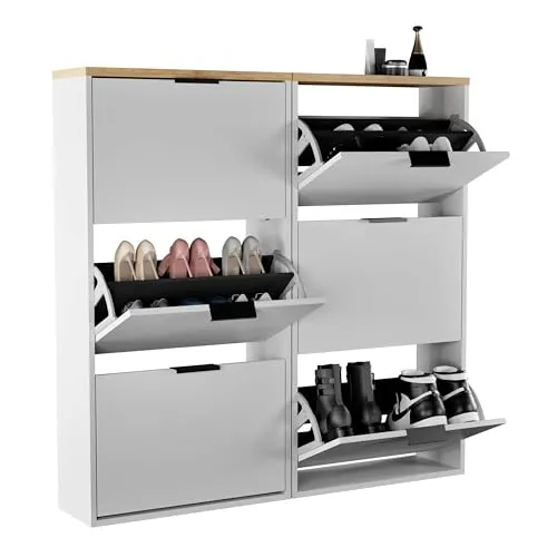 Planetmöbel 2 x Schuhschrank schmal mit 3 Klappen platzsparender Schuhregal mit 6 Ablagen, Schuhkommode für Diele, Flur, Garderobe 60 x 23 x 118 cm, weiß grau