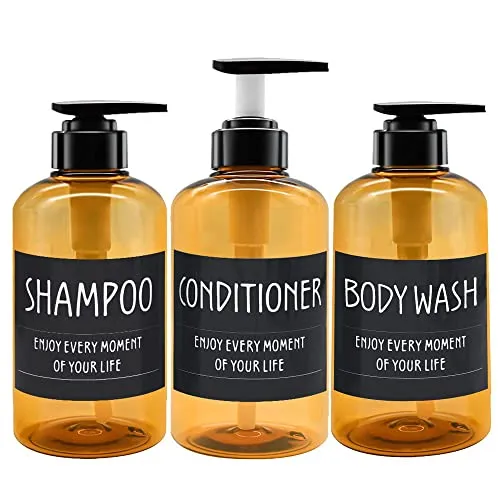 3er Pack 300ml Shampoo Flasche Pumpe Spender mit Etikett, Leere Plastik Seifenspender Flasche mit Pumpe für Bad, Küche oder Hotel, Nachfüllbarer Flüssigkeitsspender für Lotion, Duschgel und Spülung