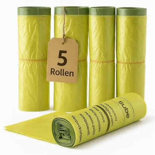 Rollen Gelber Sack, Gelbe Säcke mit praktischem Zugband, 90 Liter, 15µ - Wertstoffsack 65 Säcke perforiert auf 5 Rollen 5