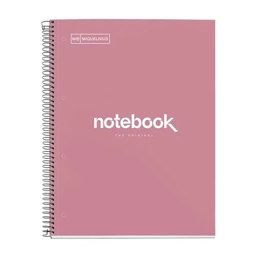 Miquelrius - Ringblock A4, Notebook Emotions, 80 Blatt 90 g/m², 5 mm Karierung, 1 Farbstreifen, Mikroperforierte Spiralbindung, Kariertes Heft, Extra harter Einband, 4-fach gelocht, Altrosa