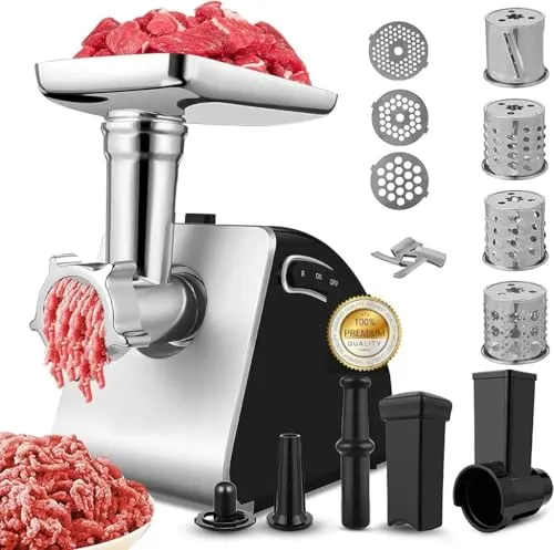 Profi Fleischwolf Elektrisch mit Wurstfüller & Keksaufsatz | Wurstmaschine Fleischmaschine mit 3 Lochscheiben, 4 Kegel-Klingen & Kibbe-Aufsätzen für Hackfleisch, Gemüse, Käse & Spritzgebäck