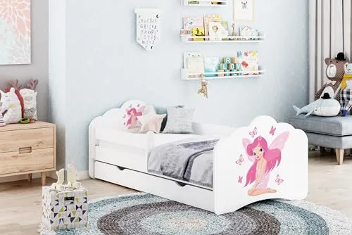 Happy Babies MOBI - Kinderbett 160 x 80 | mit Rausfallschutz & Bettkasten | Jugendbett farbigem Aufkleber | Matratze 80x160 | Kinder-Bett für Mädchen Jungen WIESS (M04), (600401MO00)