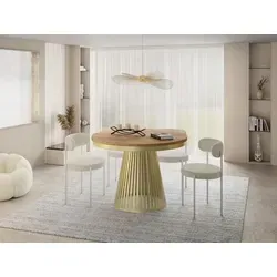 Runder Ausziehbarer Esstisch im Loft-Stil – 120 bis 200 cm – Eleganter Tisch mit Goldenen Metallbeinen - FLEXIBEL UND PLATZSPAREND – Der ausziehbare Tisch verwandelt sich von rund zu oval und bietet Platz für 5 bis 10 Personen. Ideal für kleine Wohnungen und gesellige Abende. Robuste Bauweise und modernes Design machen ihn zum Blickfang in jedem Esszimmer.