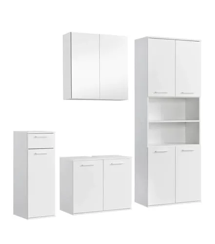 mokebo® Badmöbel Set 4-teilig 'Der Steuermann' in Weiß - Praktisches Badezimmer Set mit Unterschrank, Spiegelschrank und mehr. Hochwertige Verarbeitung und modernes Design bieten viel Stauraum für Handtücher und Kosmetika. Stressfreies Möbel Shoppen direkt nach Hause!