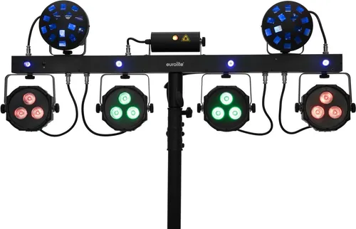 Eurolite LED KLS Laser Bar Next FX - Vielseitige LED-PAR-Strahlerlichtanlage mit vier Spots und zwei Mushroom-Effekten. Perfekt für Partystimmung mit zusätzlichen UV-LEDs für beeindruckende Schwarzlicht-Effekte.