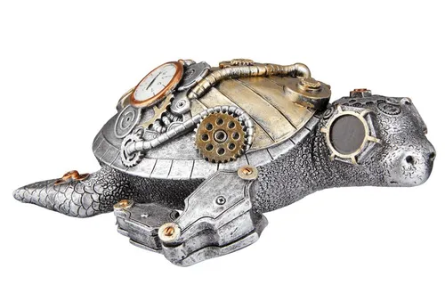 GILDE Steampunk Turtle Skulptur - Statuen: Antik silberfarbene Schildkröte mit kupferfarbenen Elementen, ein einzigartiges Deko-Highlight für Ihr Zuhause.