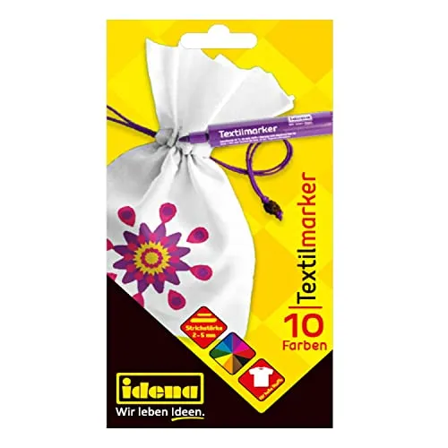 Idena 61044 - Textilmarker für helle Stoffe, 10 Textilstifte in leuchtenden Farben, ideal für T-Shirts, Stoffbeutel und verschiedene Materialien