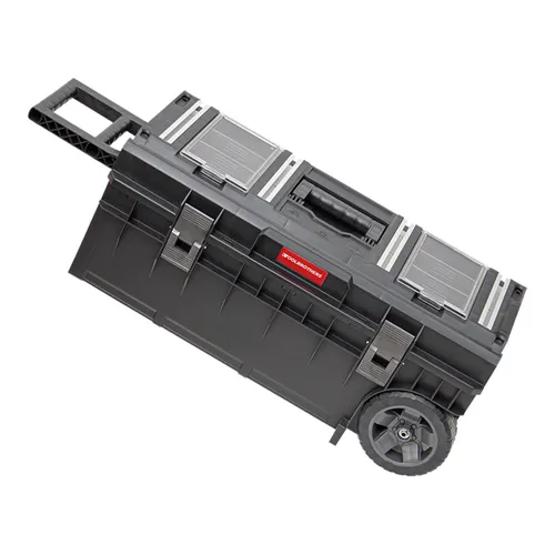 Toolbrothers RHINO XXL Trolley ECO Longer Work+ 50 l - Werkzeugkoffer mit IP66 Schutz, ideal für lange Elektrowerkzeuge, ausgestattet mit Aluminium-Montageschienen für vielseitige Nutzung als Arbeitstisch.