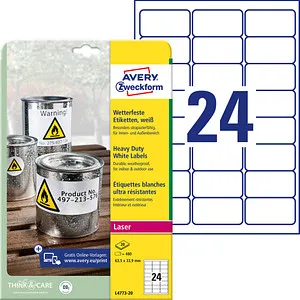 Avery Zweckform L4773-20 Folienetiketten, 480 Stück - Etiketten in A4, selbstklebend und wetterfest. Ideal für professionelle Anwendungen, reißfest und temperaturbeständig von -20°C bis +80°C.