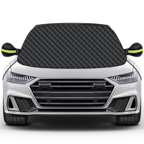 Mengine Frontscheibenabdeckung, Auto Windschutzscheibe Abdeckung mit 9 Versteckten Magneten, Seitenflügel Spiegel & 2 Haken,Eisschutzfolien Frost Guard Fit für Autos und SUVs (Schwarz, 148 * 120cm)