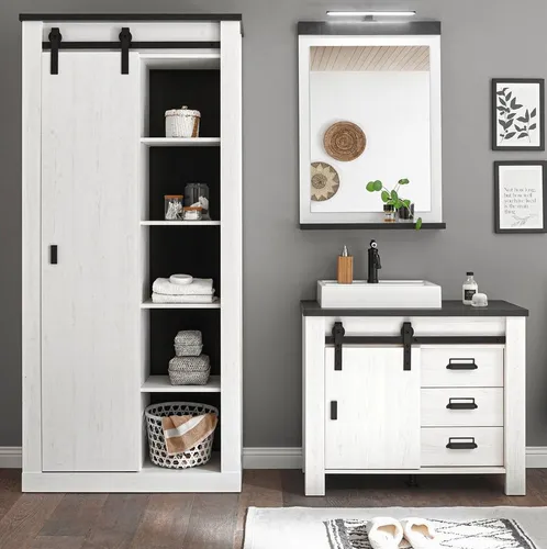 Furn.Design Badezimmer-Set Stove, Komplett-Set in Pinie Weiß - 5-teiliges Badmöbel-Set im Landhausstil mit Soft-Close-Funktion und LED-Beleuchtung, ideal für stilvolle Badezimmergestaltung.