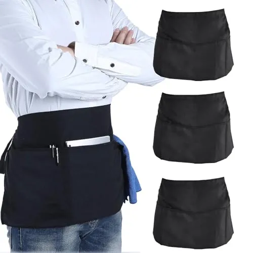 NAROSEBE 3 Stücke Kellnerschürze Kurz Kellner Vorbinder Schürze Schwarz Taillenschürze Kochschürze Küchenschürze Herren Damen Halbe Schürze Kurz mit 3 Taschen Bäckerschürzen für Kochen Basteln Backen