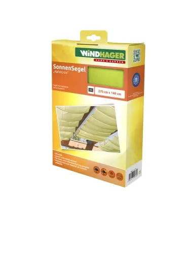 Windhager Sonnensegel 270 x 140 cm, apfelgrün - Sonnenschutz für Terrassen und Wintergärten, UV-stabil und witterungsbeständig aus hochwertigem Polyester-Gewebe, waschbar bei +40°C, inkl. 20 Laufhaken für einfache Montage.