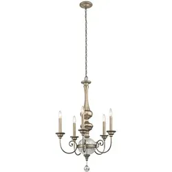 Rosalie Kronleuchter mit 5 Lichtern in Sterling-Gold - Eleganter Kronleuchter im modernen Williamsburg-Design, der mit einem stilvollen Sterling-Gold-Finish und antikem Quecksilberglas begeistert. Perfekt für jedes Zuhause!