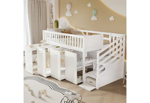 STILVORA Etagenbett 90x200 mit Fächer,Kinderbett Holzbett mit Kleiderschrank&Schreibtisch (Multifunktions Etagenbett 90x200cm mit Schreibtisch, Kleiderschrank, Stauraumtreppe und Fallschutz., 90 x 200 cm), ohne Matratze