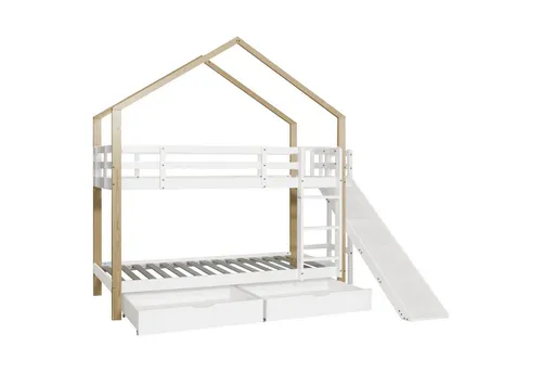 Odikalo Kinderbett Etagenbett mit Rutsche und Leiter - Massivholz Etagenbett 90x200cm, mit 2 praktischen Schubladen für zusätzlichen Stauraum, ideal für kreative Schlaflösungen im Kinderzimmer.