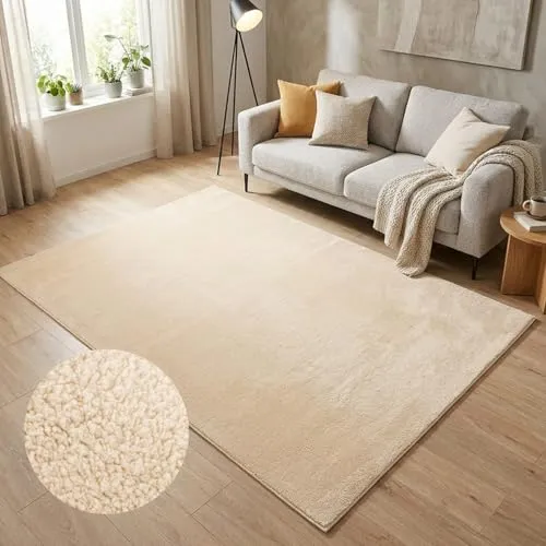 carpet city Waschbarer Teppich Einfarbig Kurzflor - Beige 120x160 cm - Teppich für Wohnzimmer, Schlafzimmer & Flur, maschinenwaschbar, rutschfest und ideal für Familien & Haustiere, mit weicher Soft-Touch Haptik.