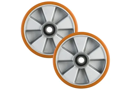 OSWALD Transportgeräte Gabelhubwagen mit Polyurethan-Rädern - Hubwagen mit 200 mm Polyurethan-Rädern für raue Böden, ideal für vielseitige Einsätze. Geringer Abrieb und Rollwiderstand, inklusive zwei Kugellager für geräuscharmen Lauf.